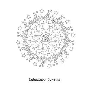 Desenho para colorir de mandala kawaii de unicórnios com corações e estrelas