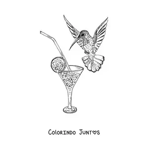 Desenho para colorir de um beija-flor bebendo de uma taça com uma rodela de limão