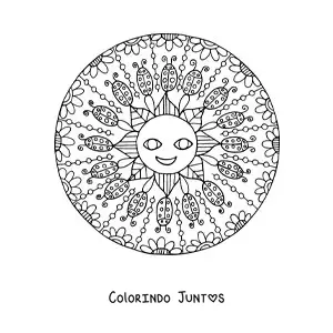 Desenho para colorir de mandala do Sol animado cercado por joaninhas e flores