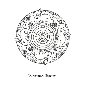 Desenho para colorir de mandala de coelhos kawaii
