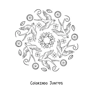 Desenho para colorir de mandala de aves voando e folhas