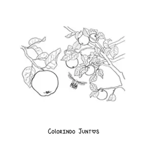 Desenho para colorir de uma macieira com maçãs e abelhas voando