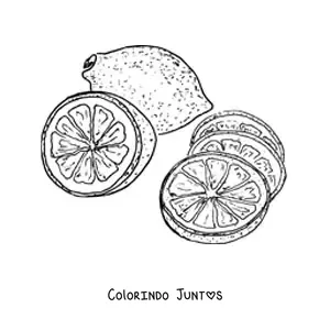 Desenho para colorir de um limão inteiro e várias rodelas de limão
