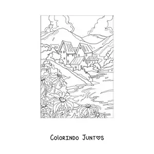 Desenho para colorir de paisagem de uma casa no campo
