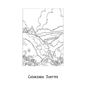 Desenho para colorir de paisagem de uma casa no campo