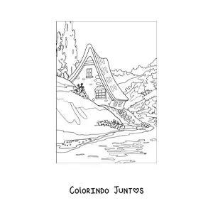 Desenho para colorir de paisagem de uma casa no campo