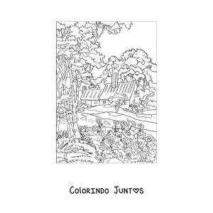 Desenho para colorir de paisagem de uma casa no campo