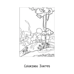 Desenho para colorir de paisagem de uma casa no campo