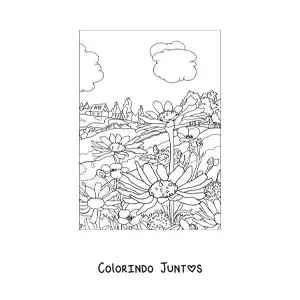 Desenho para colorir de paisagem de uma casa no campo