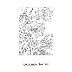 Desenho para colorir de paisagem de uma casa no campo