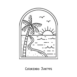 Desenho para colorir de paisagem da praia com palmeira e Sol