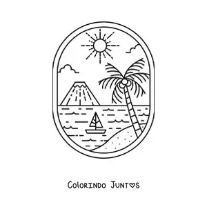 Desenho para colorir de paisagem da praia com palmeira e vulcão ao fundo