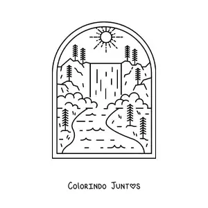 Desenho para colorir de paisagem natural com cachoeira, rio e pinheiros