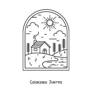 Desenho para colorir de casa no campo com rio
