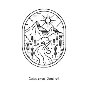 Desenho para colorir de paisagem natural com rio e montanhas