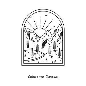 Desenho para colorir de paisagem de floresta com montanhas durante o dia
