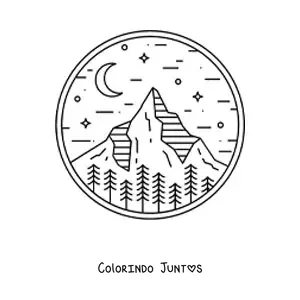 Desenho para colorir de paisagem de floresta com montanhas a noite