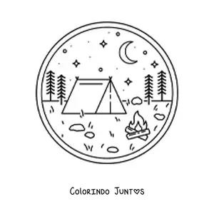 Desenho para colorir de uma barraca de acampamento e uma fogueira na floresta