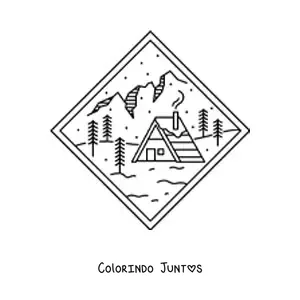 Desenho para colorir de paisagem de montanha com cabana