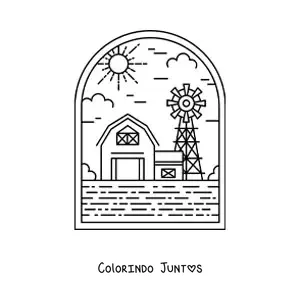 Desenho para colorir de paisagem rural com celeiro e moinho