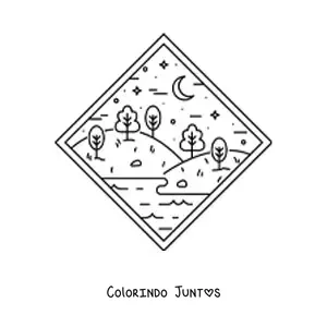 Desenho para colorir de paisagem de floresta com lago a noite