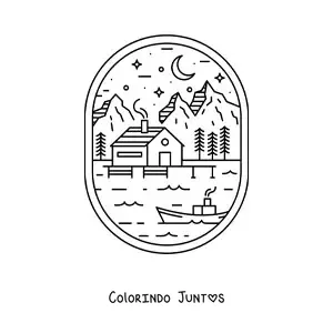 Desenho para colorir de paisagem de floresta com lago, casa e um barco, a noite