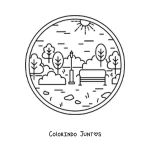 Desenho para colorir de um banco em um parque com arvores e um poste de luz