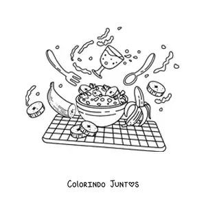Desenho para colorir de um café da manhã de cereal com leite e bananas