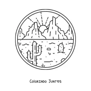 Desenho para colorir de paisagem do deserto com dois cactos e montanhas ao fundo