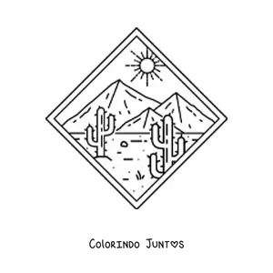 Desenho para colorir de paisagem do deserto com dois cactos e piramides ao fundo