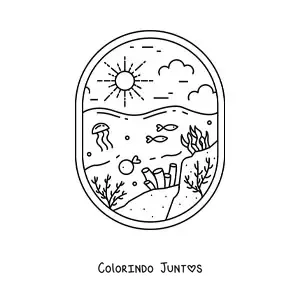 Desenho para colorir de paisagem do fundo do mar com peixes, agua-viva e corais