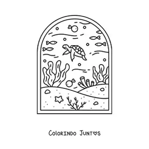 Desenho para colorir de paisagem do fundo do mar com peixes, tartaruga e corais