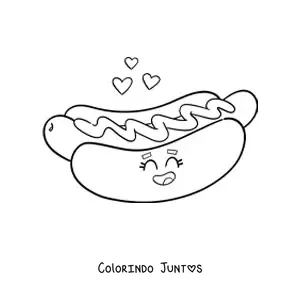 Desenho para colorir de cachorro-quente kawaii animado com coracoes