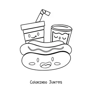 Desenho para colorir de cachorro-quente kawaii animado com bebidas animadas