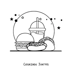 Desenho para colorir de cachorro-quente com comida nao saudavel