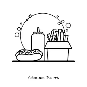 Desenho para colorir de cachorro-quente com molho e batatas fritas