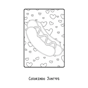 Desenho para colorir de cachorro-quente com coracoes ao fundo