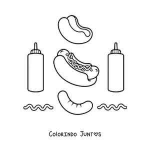 Desenho para colorir de cachorro-quente com seus ingredientes em volta
