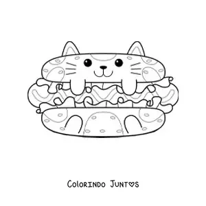 Desenho para colorir de cachorro-quente em formato de gato animado kawaii