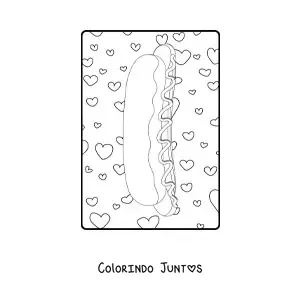 Desenho para colorir de cachorro-quente de lado com coracoes ao fundo