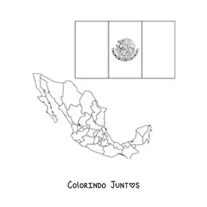 Desenho para colorir da bandeira do Mexico com brasao ao lado de um mapa