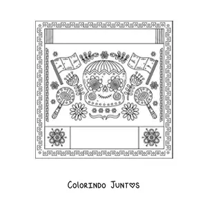 Desenho para colorir de duas bandeiras do Mexico sem brasao ao lado de uma caveira mexicana