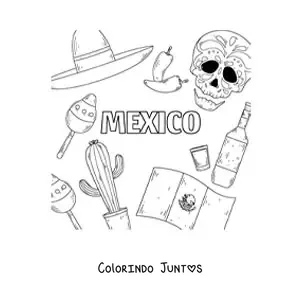 Desenho para colorir da bandeira do Mexico ao lado de uma caveira mexicana, uma pimenta, tequila e um sombrero