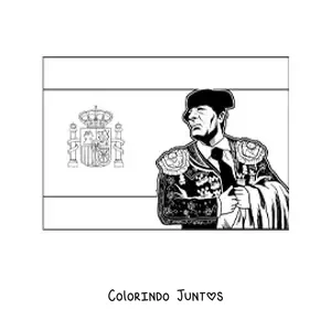 Desenho para colorir da bandeira da Espanha horizontal com um toureiro realista