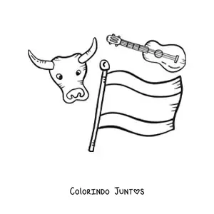 Desenho para colorir da bandeira da Espanha ao lado de um touro kawaii e um violao