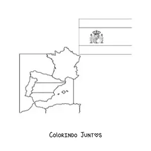 Desenho para colorir da bandeira da Espanha com brasao ao lado de um mapa