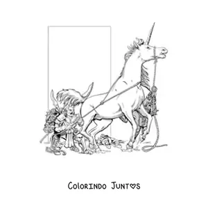 Desenho para colorir de unicórnio de Calabouços e Dragões fugindo de vários goblins