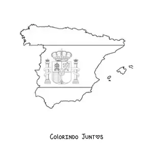 Desenho para colorir da bandeira da Espanha com brasao sobre um mapa