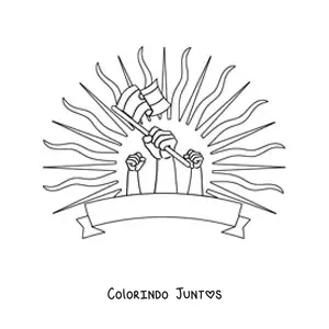 Desenho para colorir de maos segurando a bandeira da Argentina com Sol ao fundo