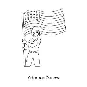 Desenho para colorir de um menino segurando a bandeira dos Estados Unidos